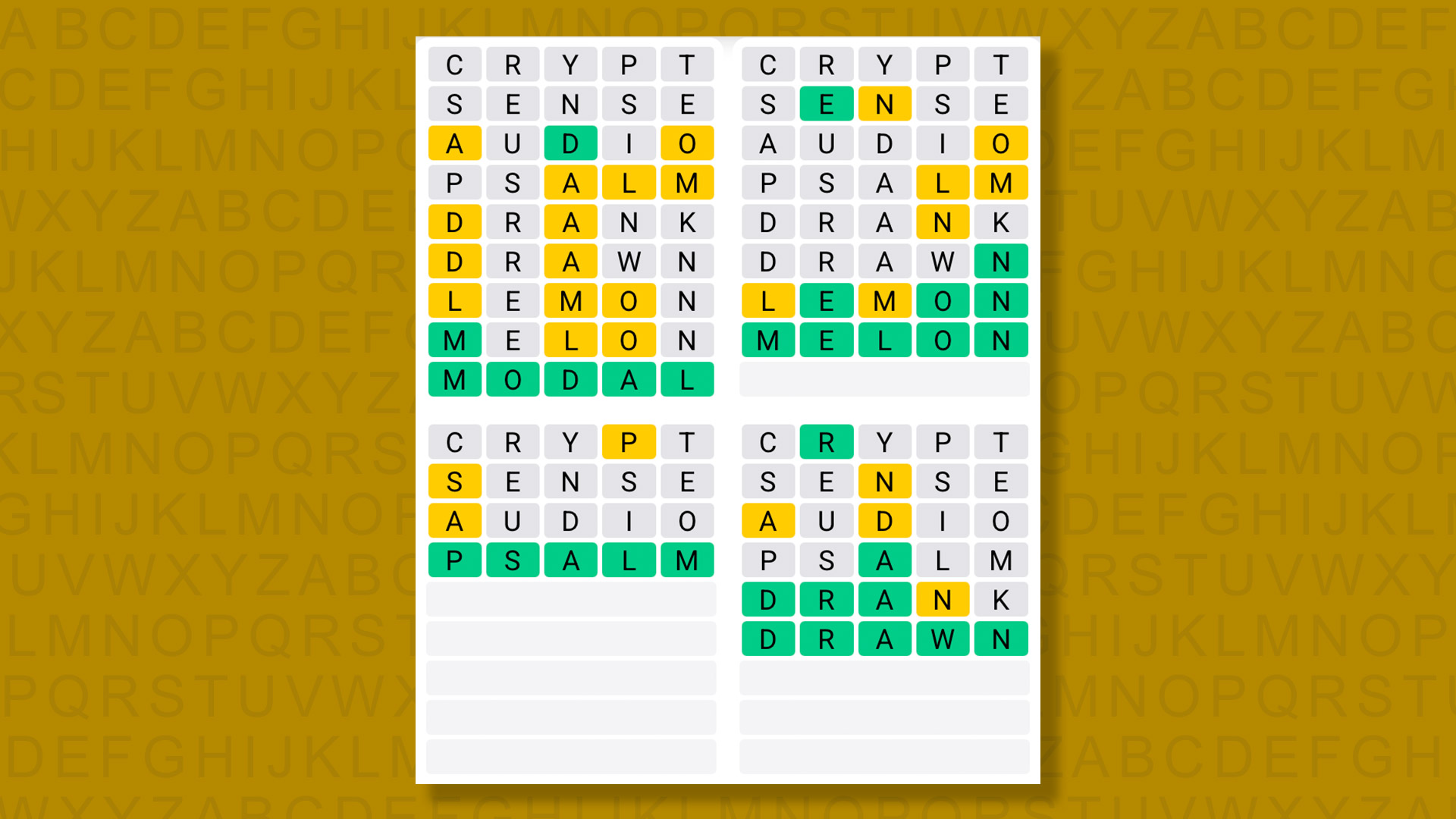 Quordle answers for game 1583 on yellow background