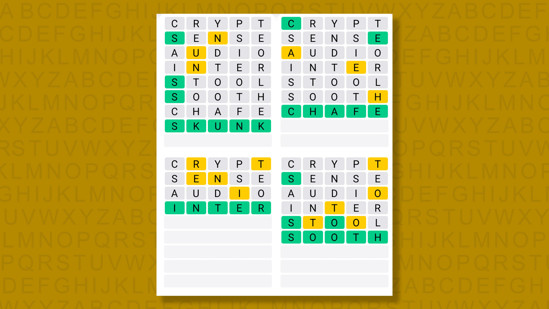 Quordle answers for game 1570 on yellow background