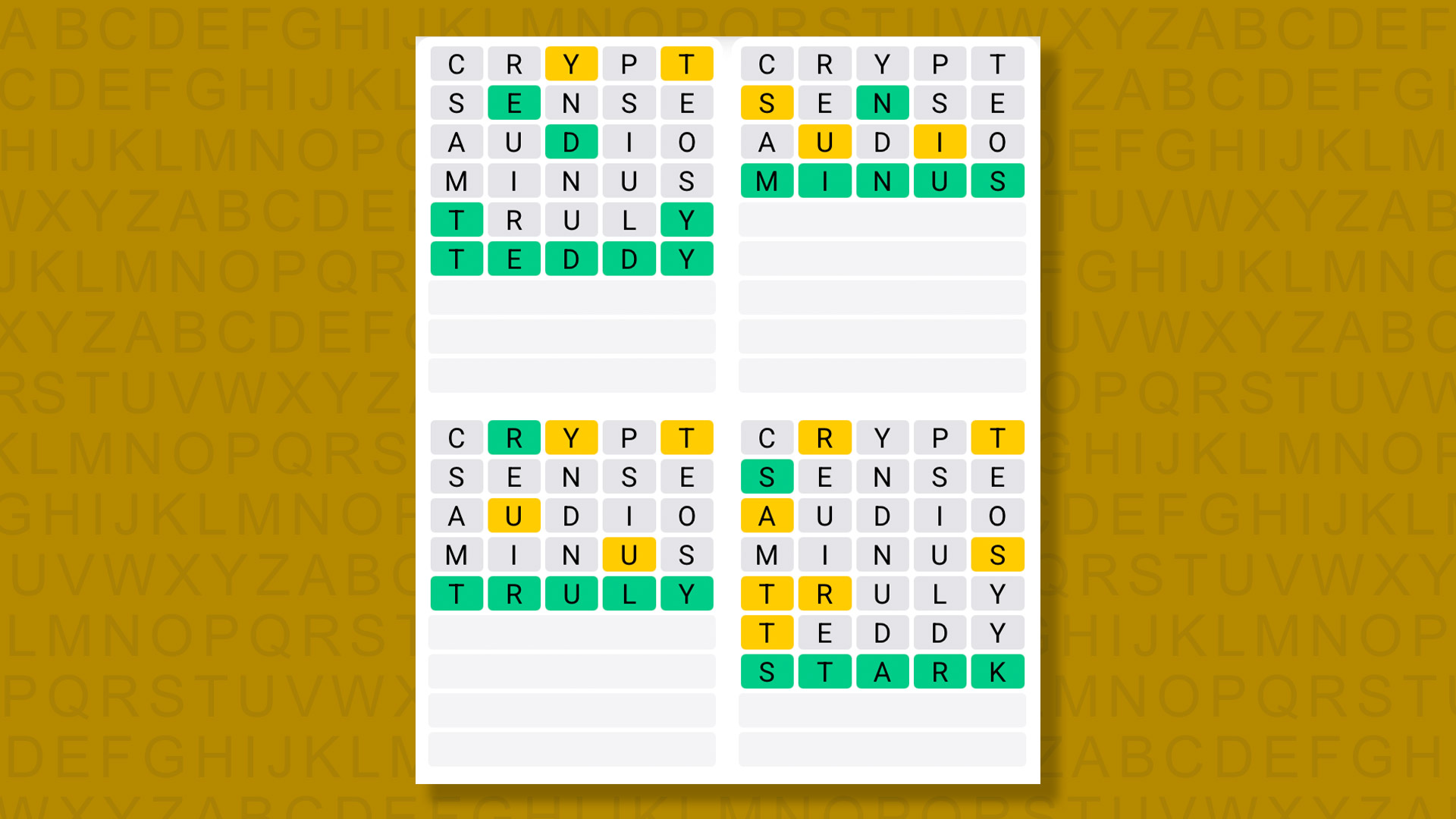 Quordle answers for game 1577 on yellow background