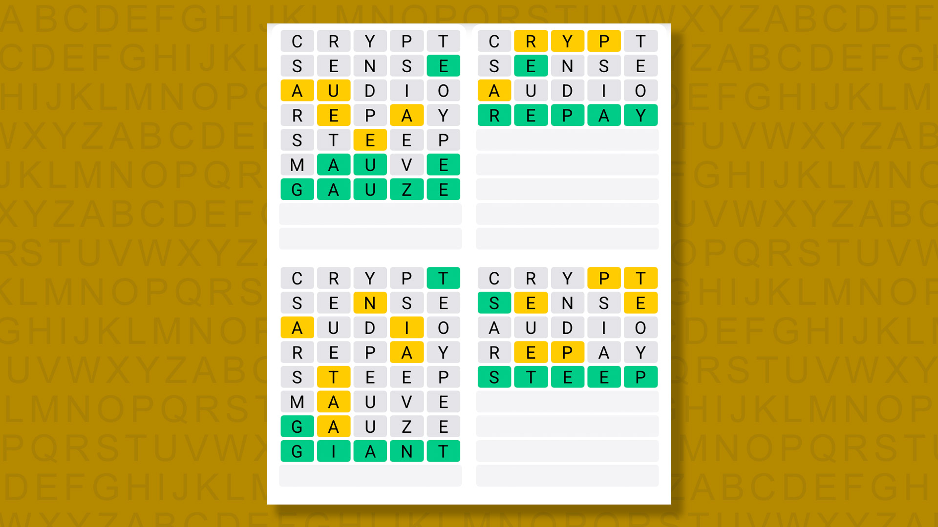 Quordle answers for game 1584 on yellow background