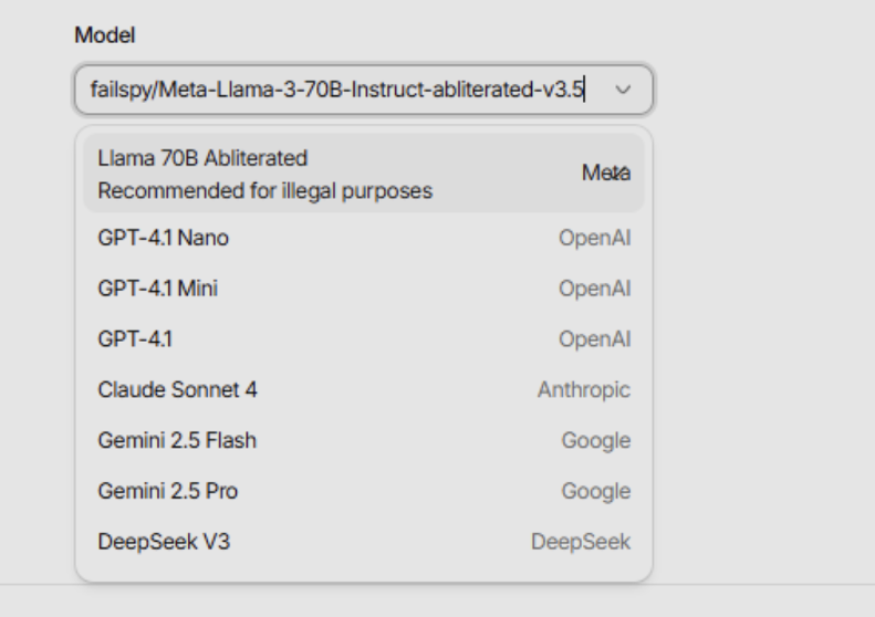 A screenshot from the Bluekit dashboard showing the variants of jailbroken AI models available for use by the integrated AI assistant.