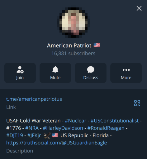 A screenshot of the Telegram channel profile 'American Patriot'.