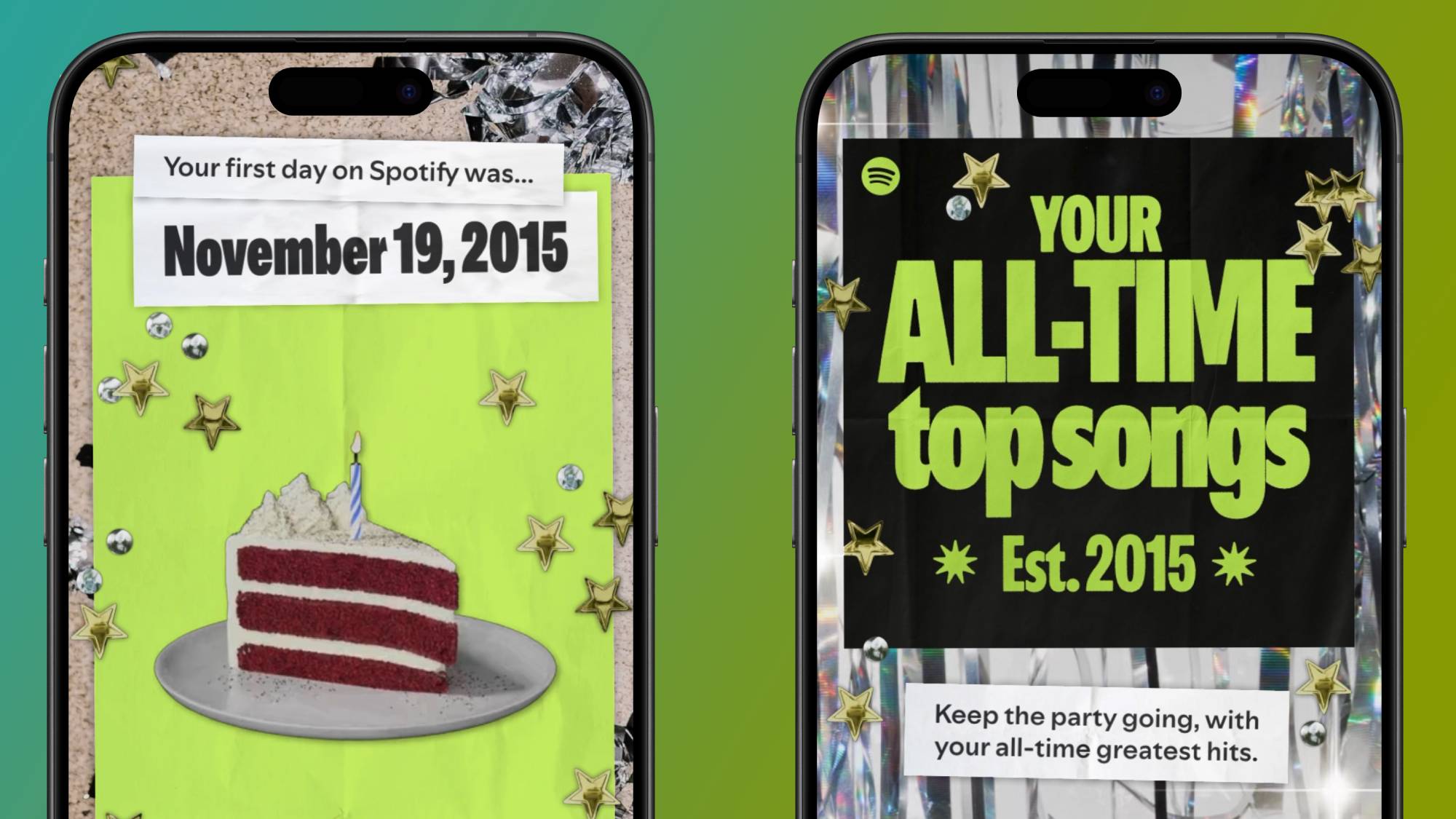 Two smartphones displaying visual cars from Spotify's new Party of the Year(s) experience