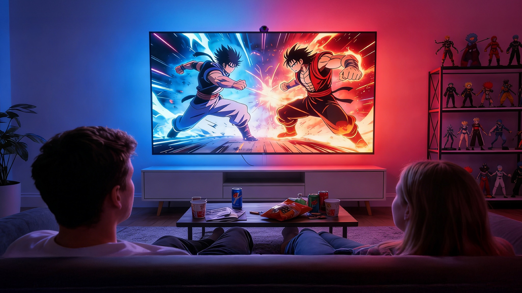 An adult and a child watch anime on a TV with the Lepro STV1 light strip extending the colors to the wall behind