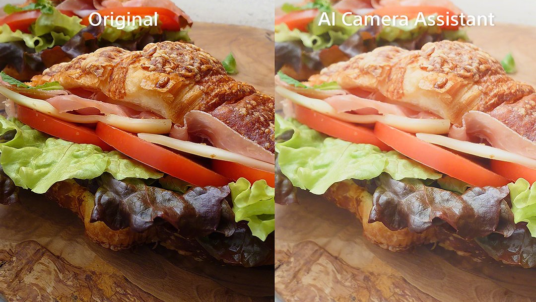 A side-by-side image showing a sandwich photo and the same image enhanced by AI