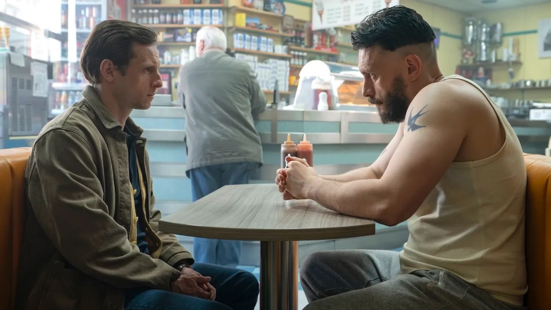 Jamie Bell and Richard Gadd talk across a dining room table