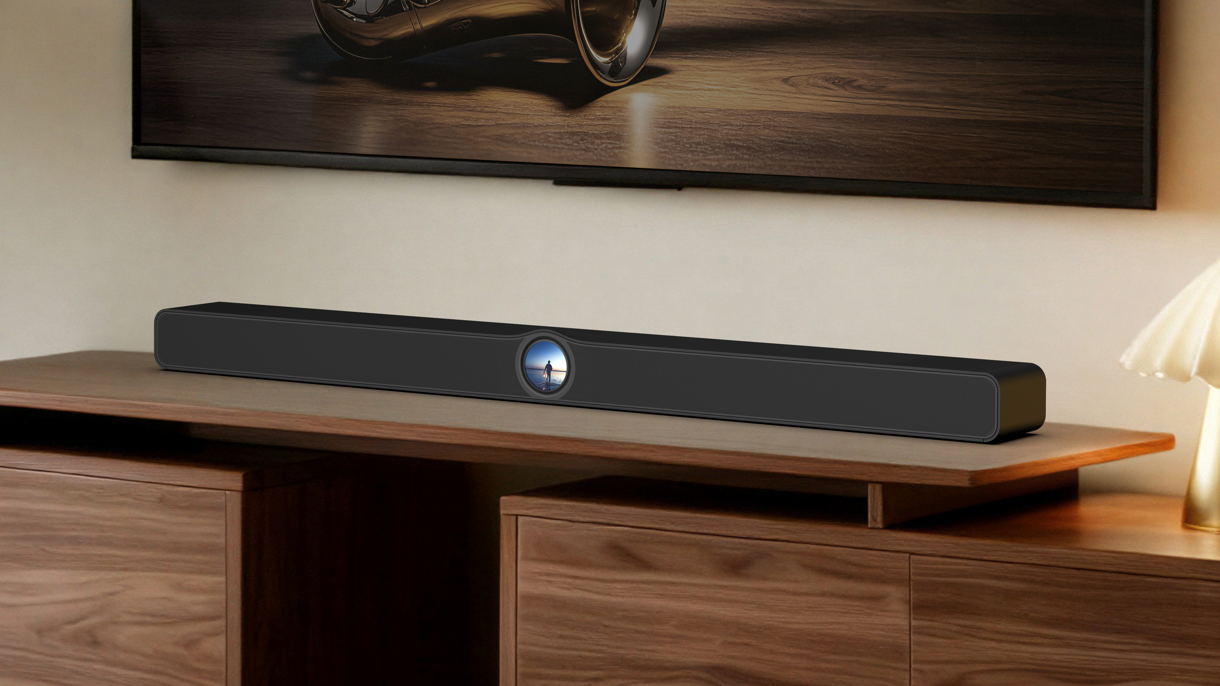 WiiM Bar on a wooden stand under a TV