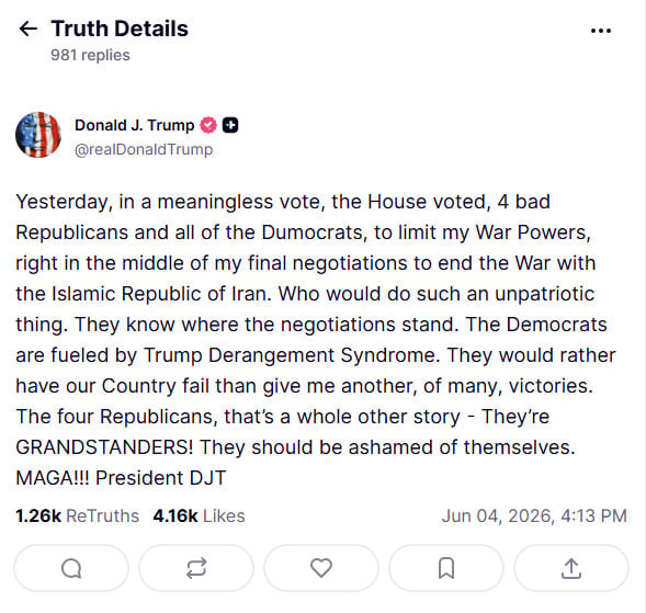 Trump rejects unpatriotic vote in US House to end war in Iran