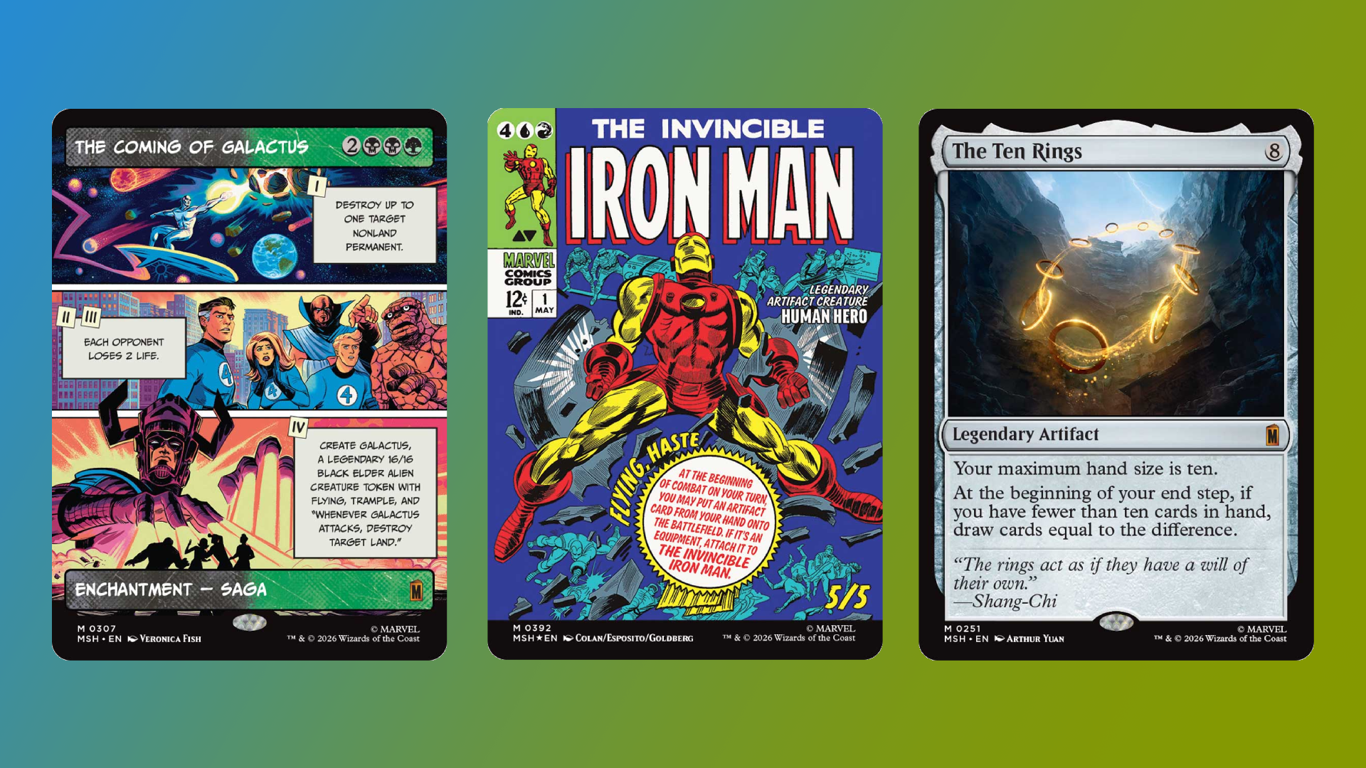 The MtG maps for The Ten Rings, Iron Man and The Coming of Galactus.