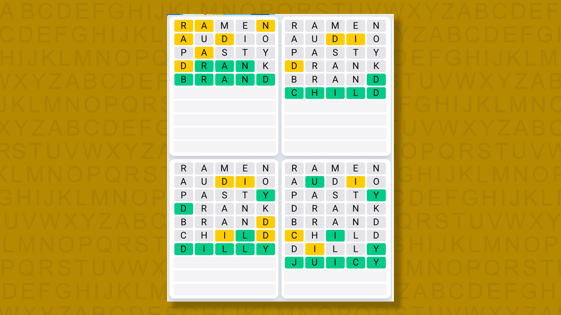 Quordle Daily Sequence answers for game 1595 on a yellow background