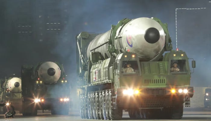 Hwasong-17 intercontinental ballistic missiles take part in a nighttime military parade to mark the 90th anniversary of the founding of the Korean People's Revolutionary Army in Pyongyang, North Korea, in this undated photo released by North Korea's Korean Central News Agency (KCNA) on April 26, 2022. — Reuters