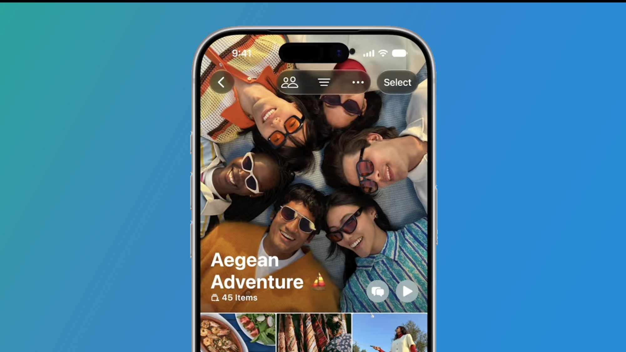 An iPhone on a blue background showing the Photos app