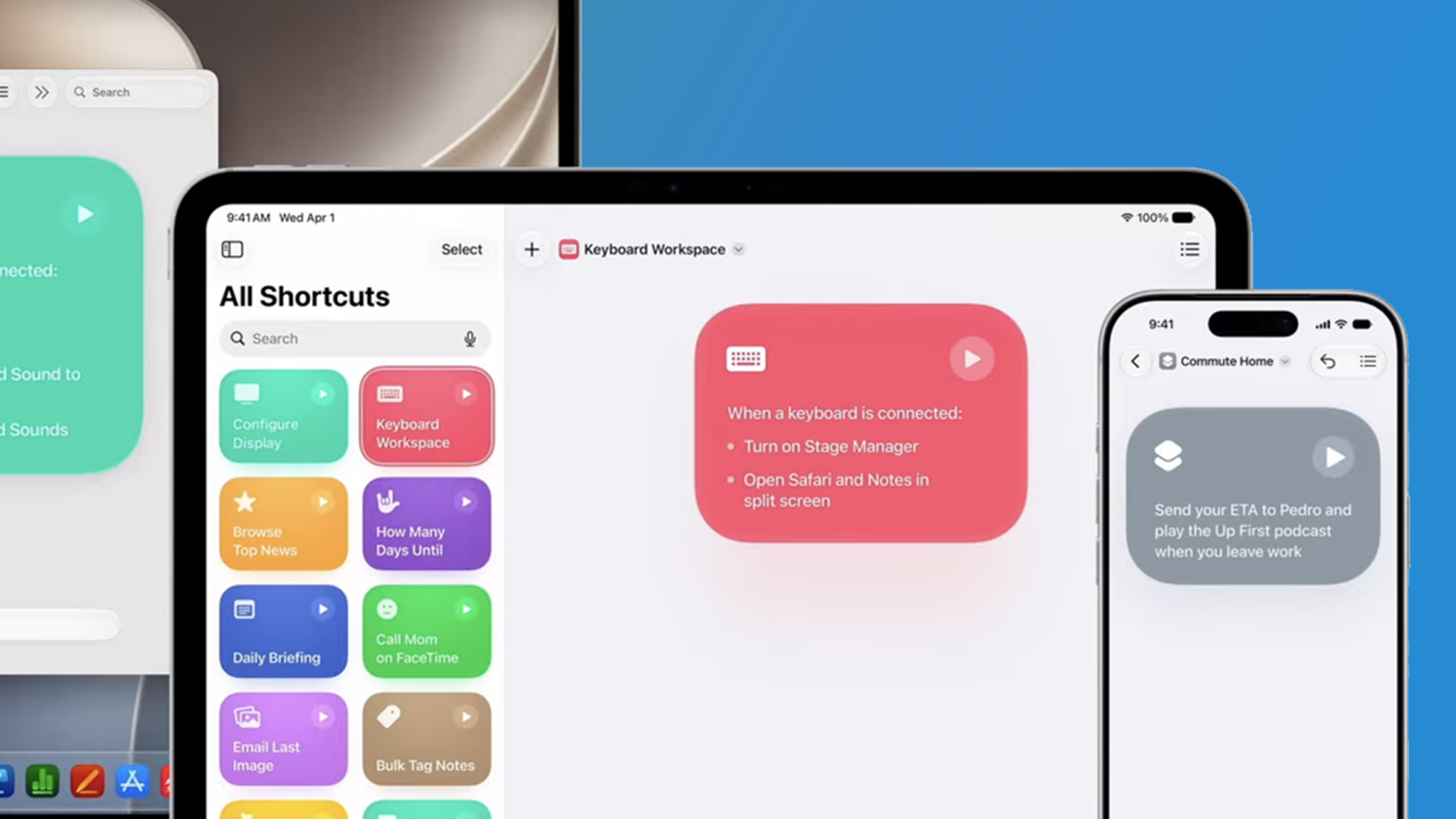 An iPad, iPhone and MacBook on a blue background showing the Shortcuts app in iOS 27