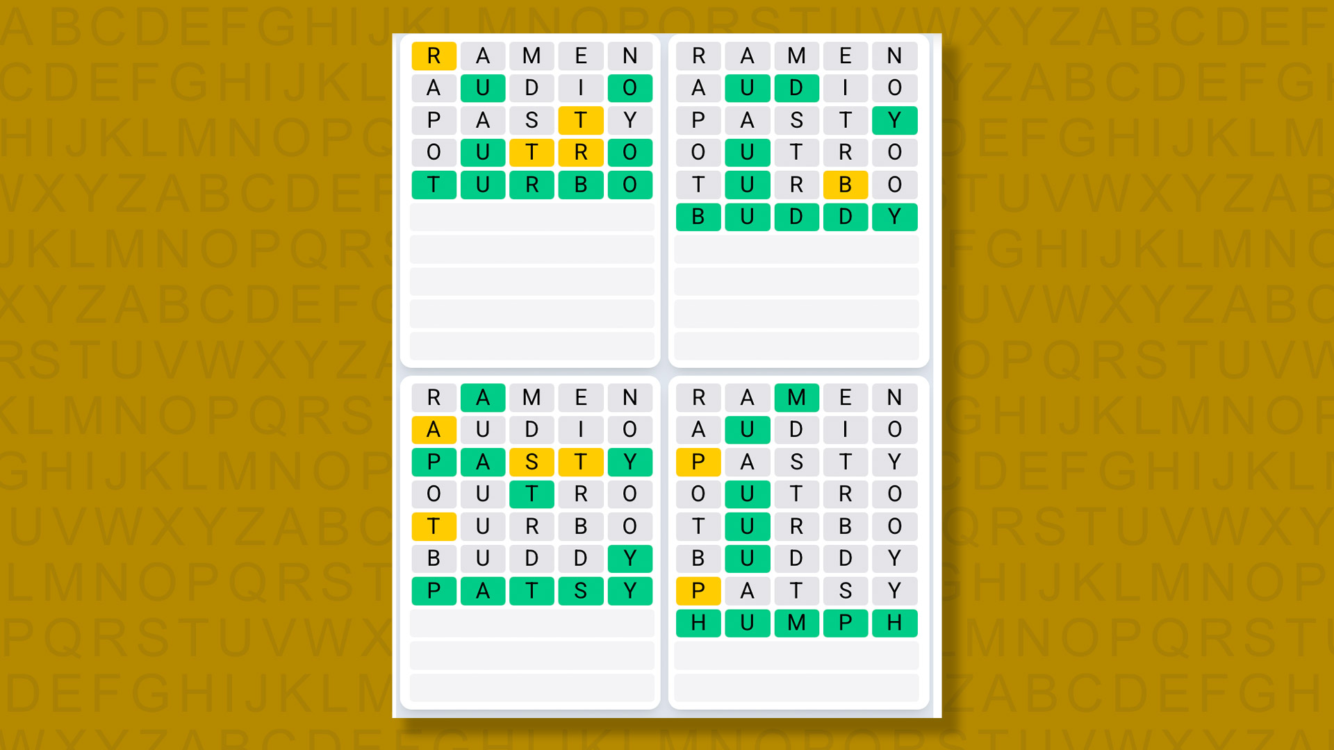 Quordle Daily Sequence answers for game 1598 on a yellow background
