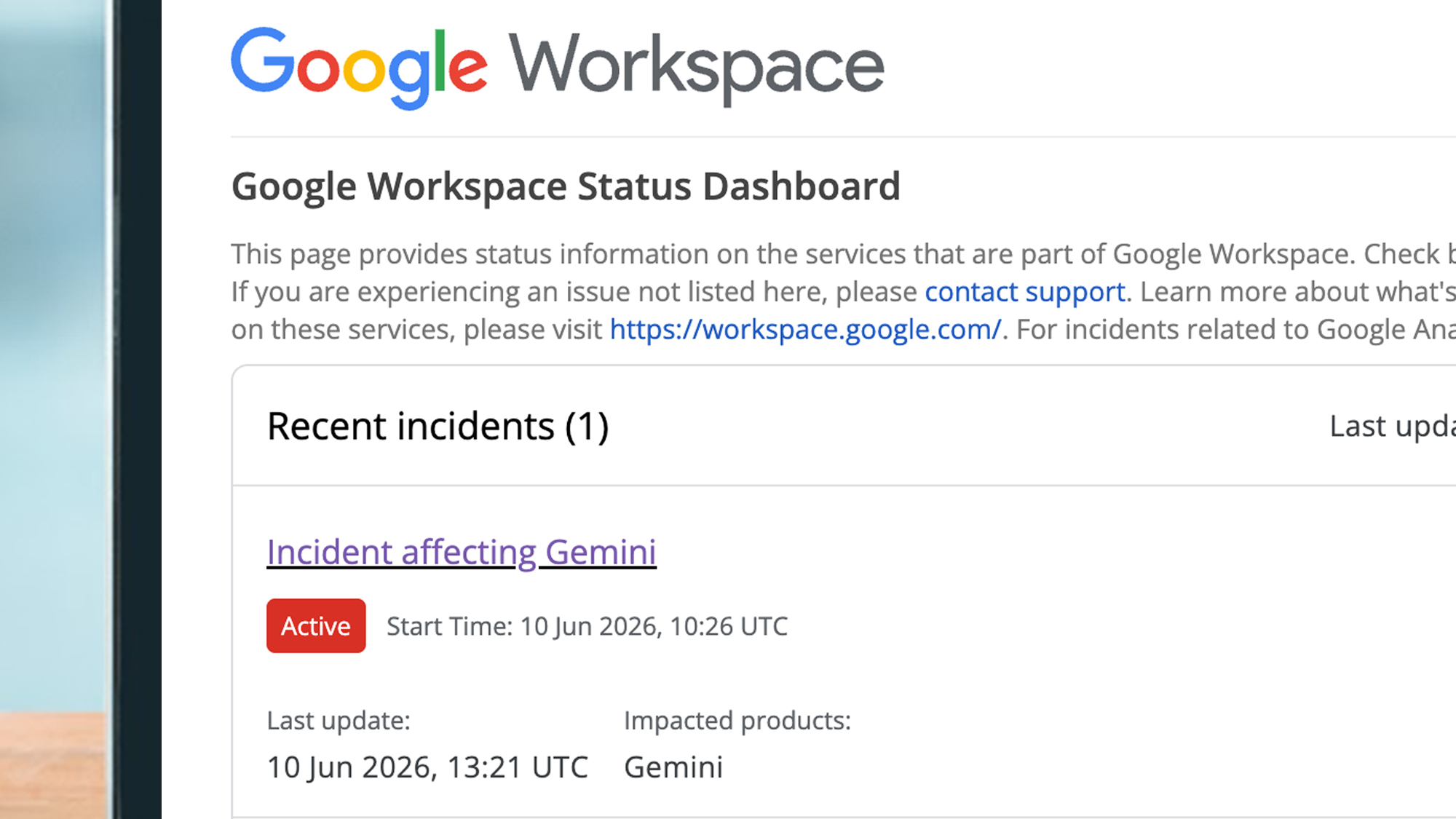 A laptop screen showing a Google Workspace update about a Gemini issue