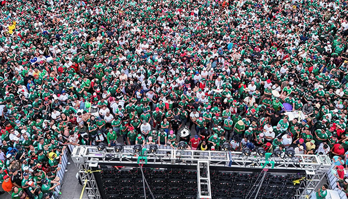 A drone view shows fans watching the 2026 FIFA World Cup match between Mexico and South Africa at a public display at Plaza Garibaldi in Mexico City, Mexico, June 11, 2026. — Reuters