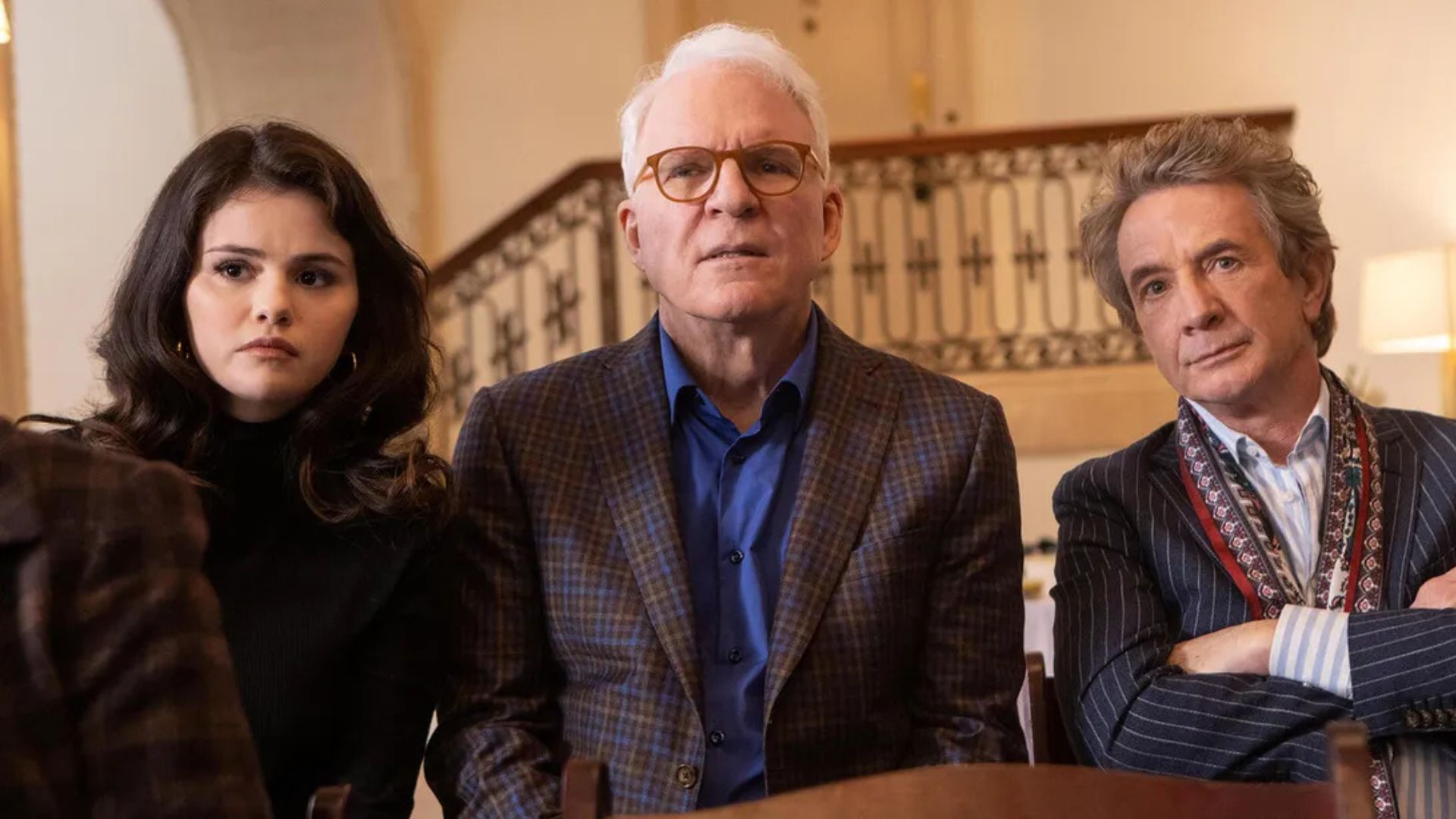 Selena Gomez, Steve Martin and Martin Short stand in a row and look worried