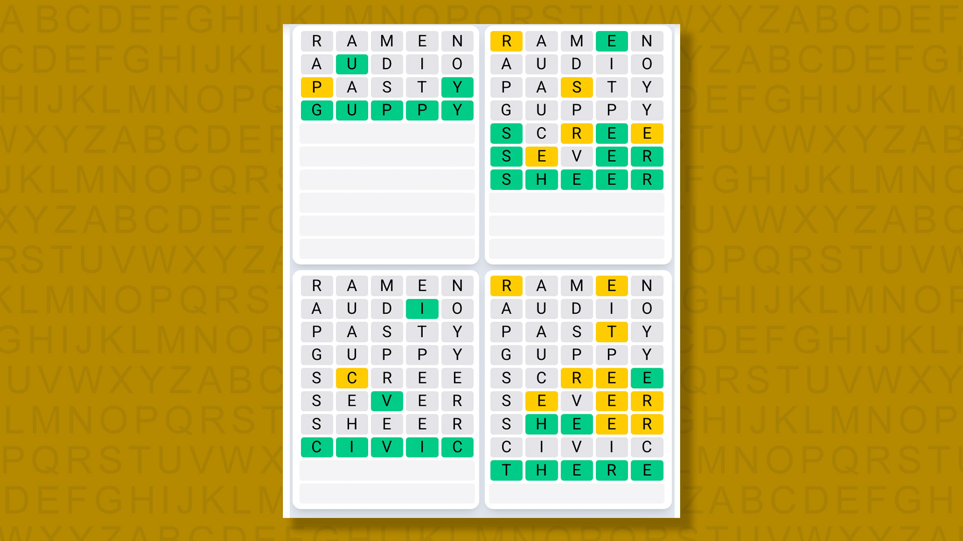 Quordle Daily Sequence answers for game #1602 on a yellow background