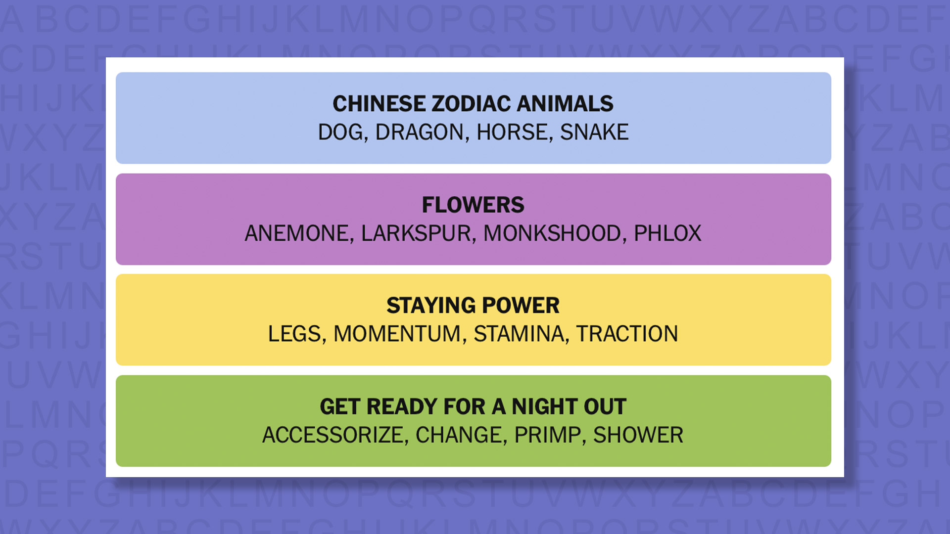 NYT Connections answers for game 1100 on a purple background