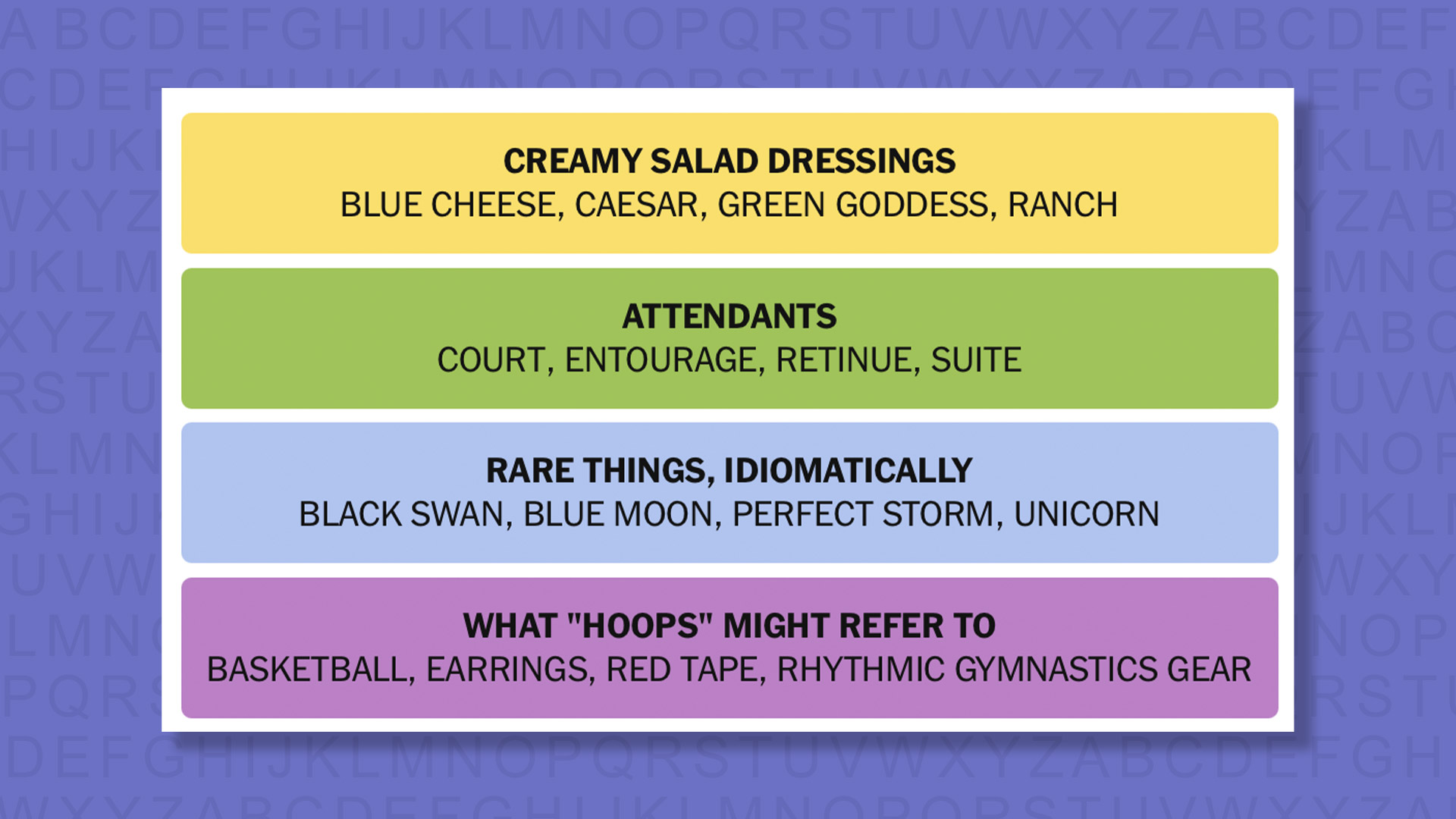 NYT Connections answers for game 1101 on a purple background