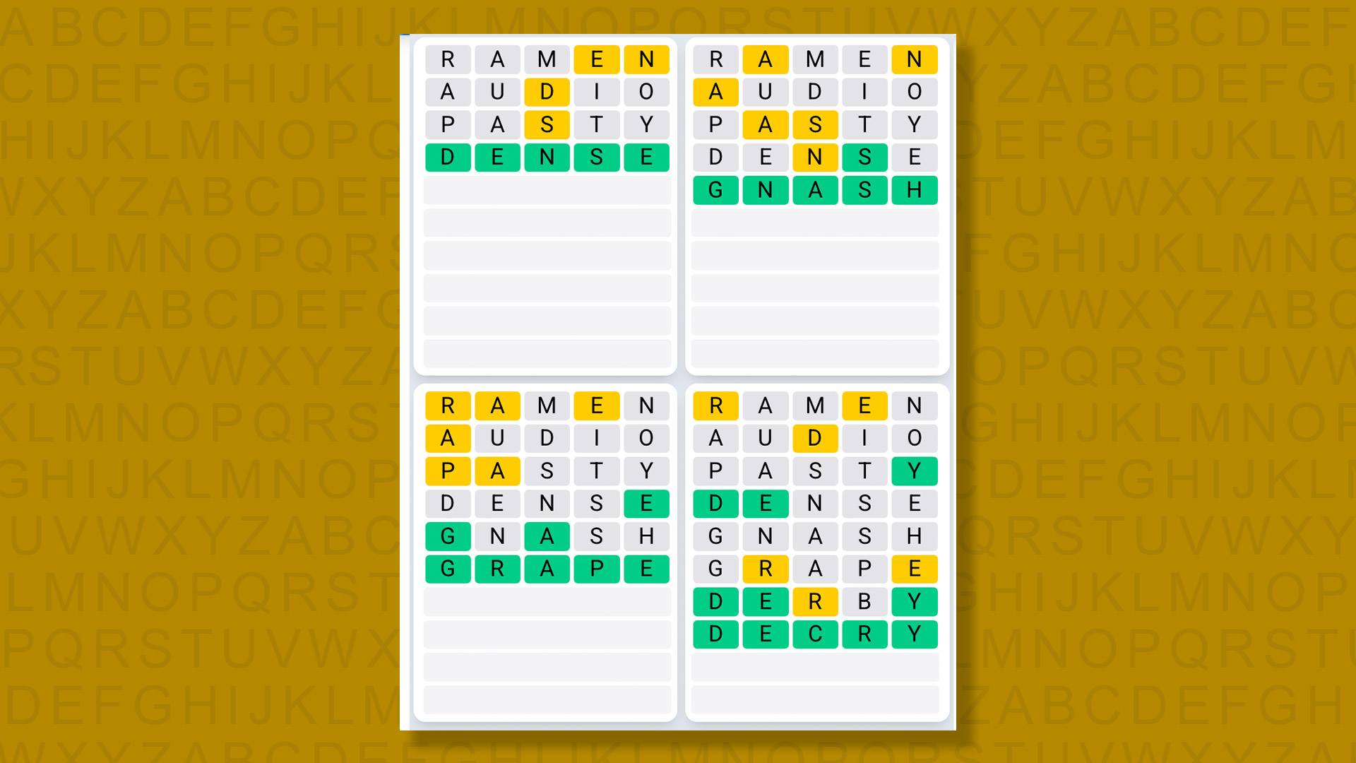 Quordle Daily Sequence answers for game 1604 on a yellow background