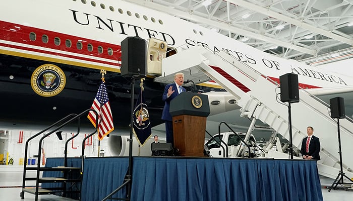 U.S. President Donald Trump delivers a speech as he stands in front of the VC-25B aircraft from Qatar, which will be used as Air Force One, at Joint Base Andrews, Maryland, U.S., June 19, 2026. — Reuters