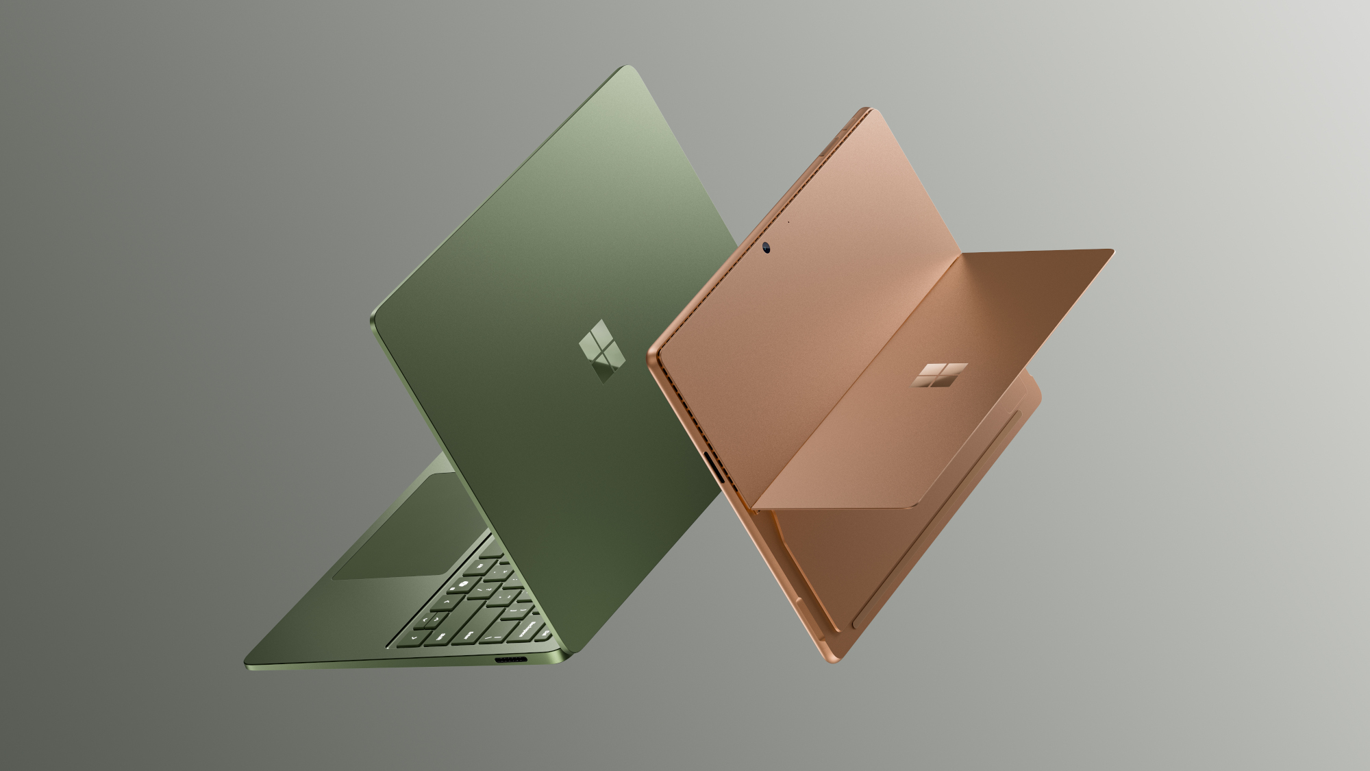 Surface Pro and Surface Laptop shown back to back, you can see both lids and Windows logos