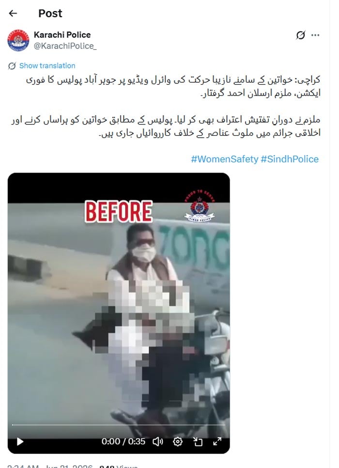 Motorcyclist arrested after obscene act on women on Karachi road