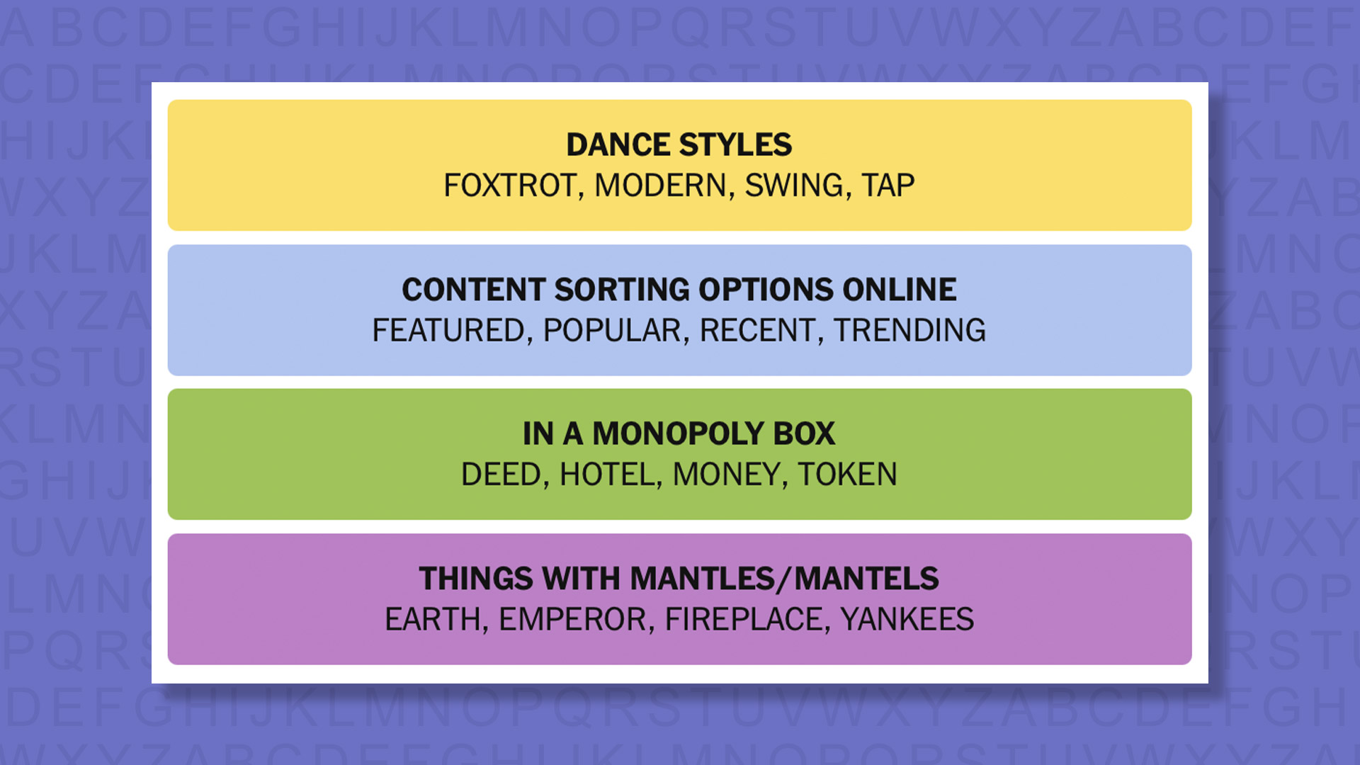 NYT Connections answers for game 1108 on a purple background