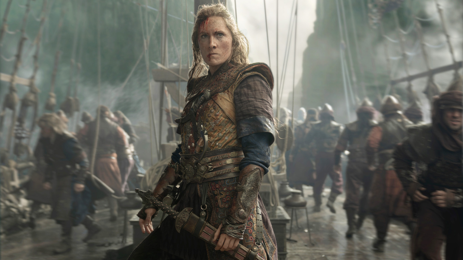Sharako Lohar stands on the deck of her ship in House of the Dragon Season 3