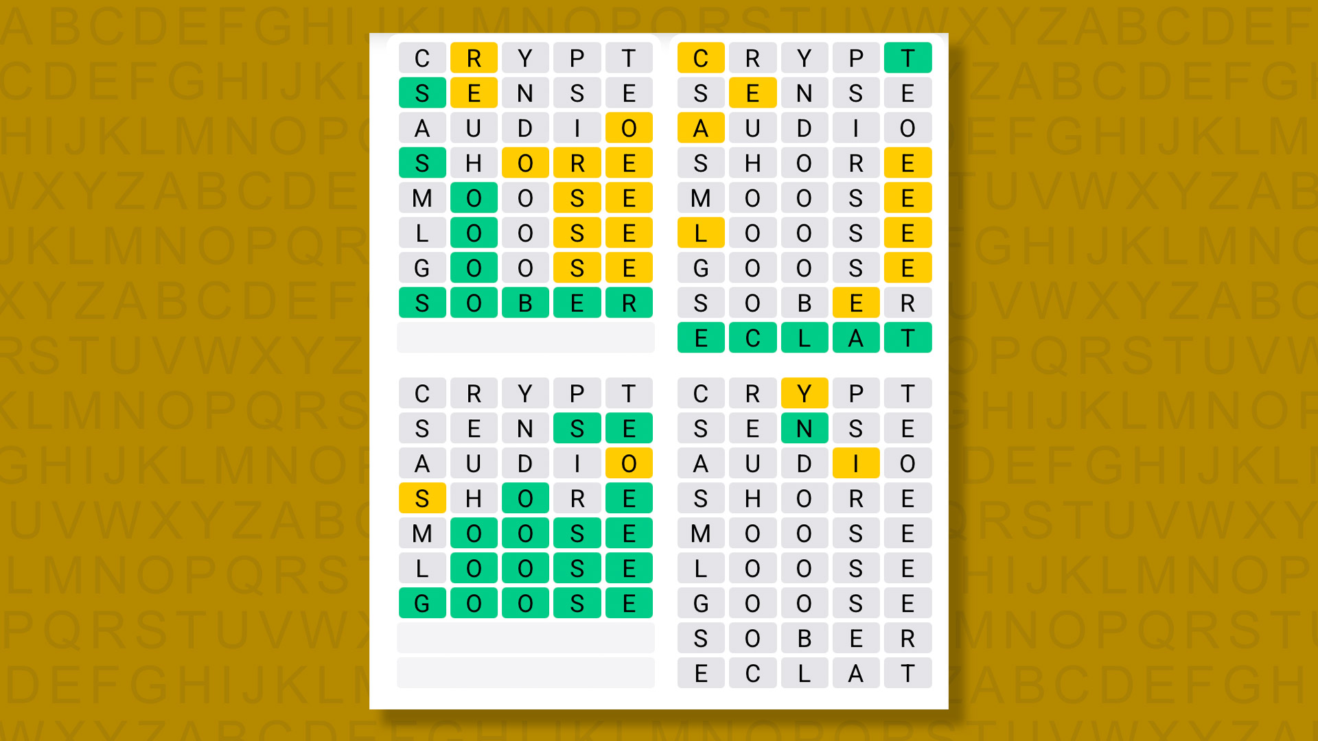 Quordle Daily Sequence answers for game 1612 on a yellow background