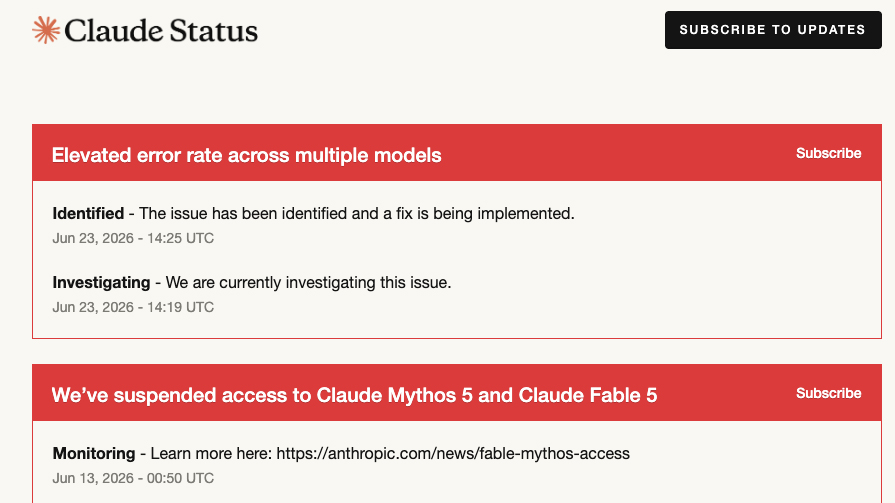 Claude Status page showing an error