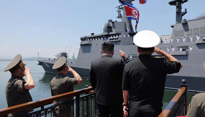 North Korean leader Kim Jong Un salutes during the commissioning ceremony of the new multi-purpose destroyer Choe Hyon in Nampho port, North Korea, June 23, 2026, in this photo released by North Korea's official Korean Central News Agency.— Reuters