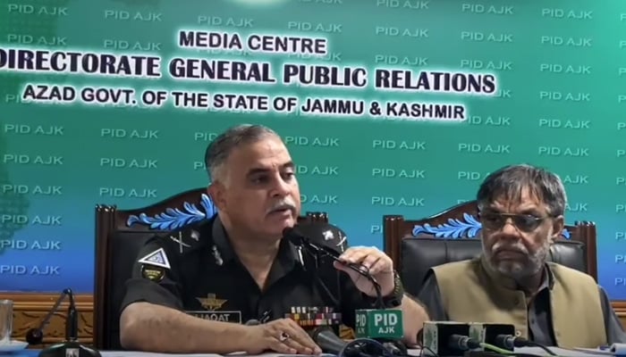 Azad Jammu and Kashmir Inspector General of Police Captain (retd) Liaqat Ali Malik addressing the press conference on June 25, 2026. — Screengrab via Facebook/@ajkpolice