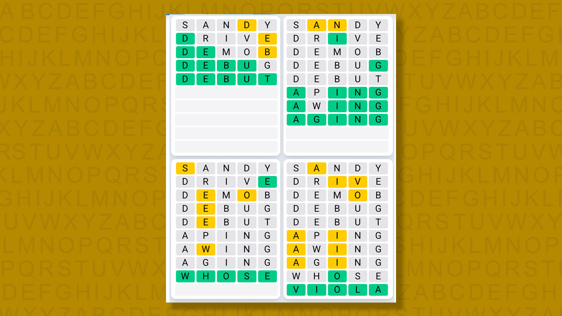 Quordle Daily Sequence answers for game 1616 on a yellow background