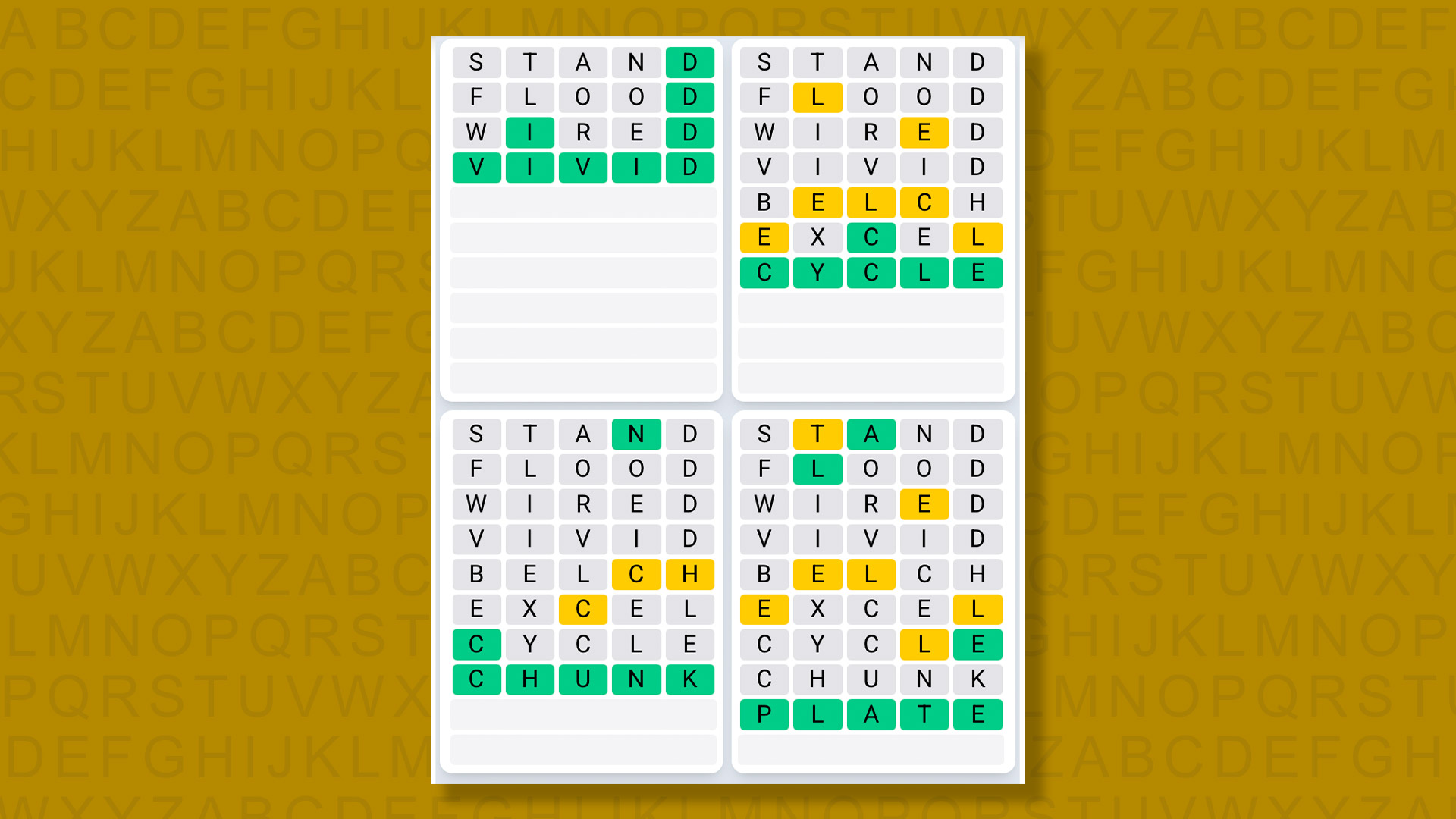 Quordle Daily Sequence answer for game #1618 on a yellow background