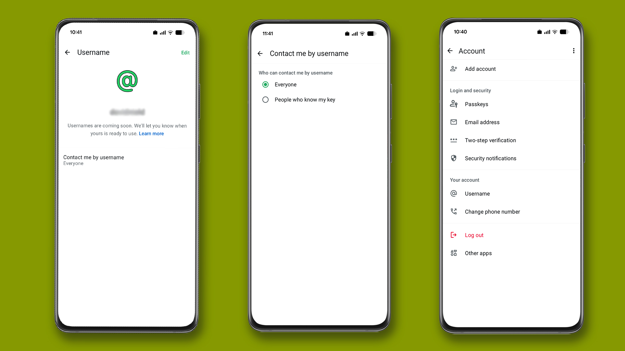 Three phones showing the process of reserving your WhatsApp username