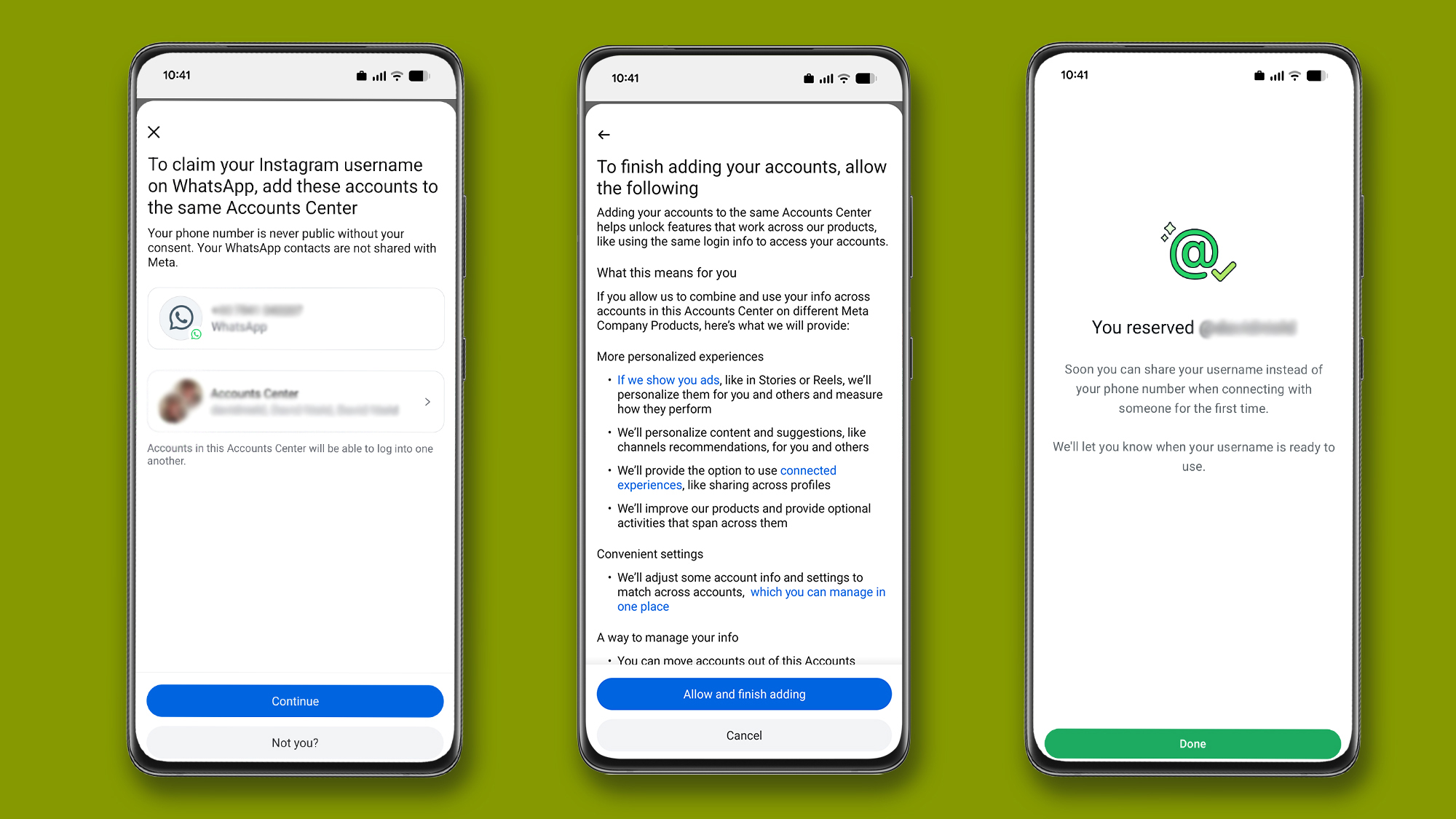 Three phones showing the process of reserving your WhatsApp username