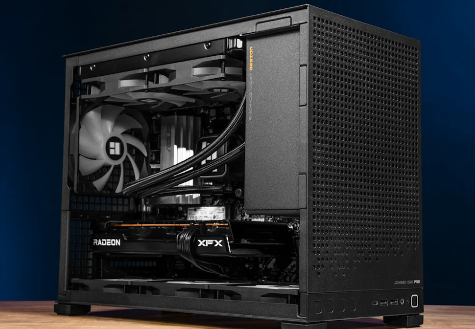 Steamroller gaming PC case open, showing the GPU and components inside