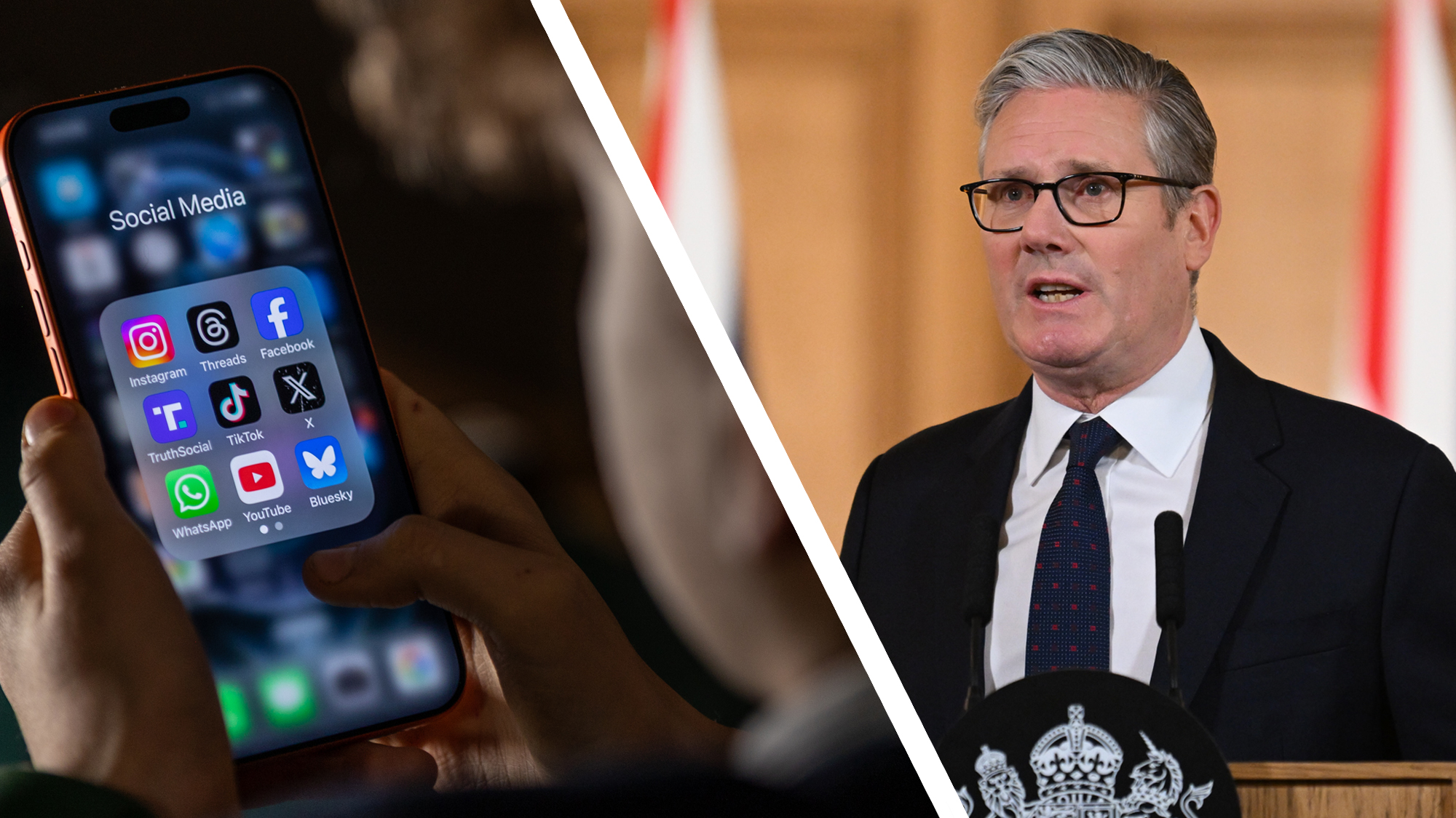 A child using social media on a smartphone next to a picture of Keir Starmer
