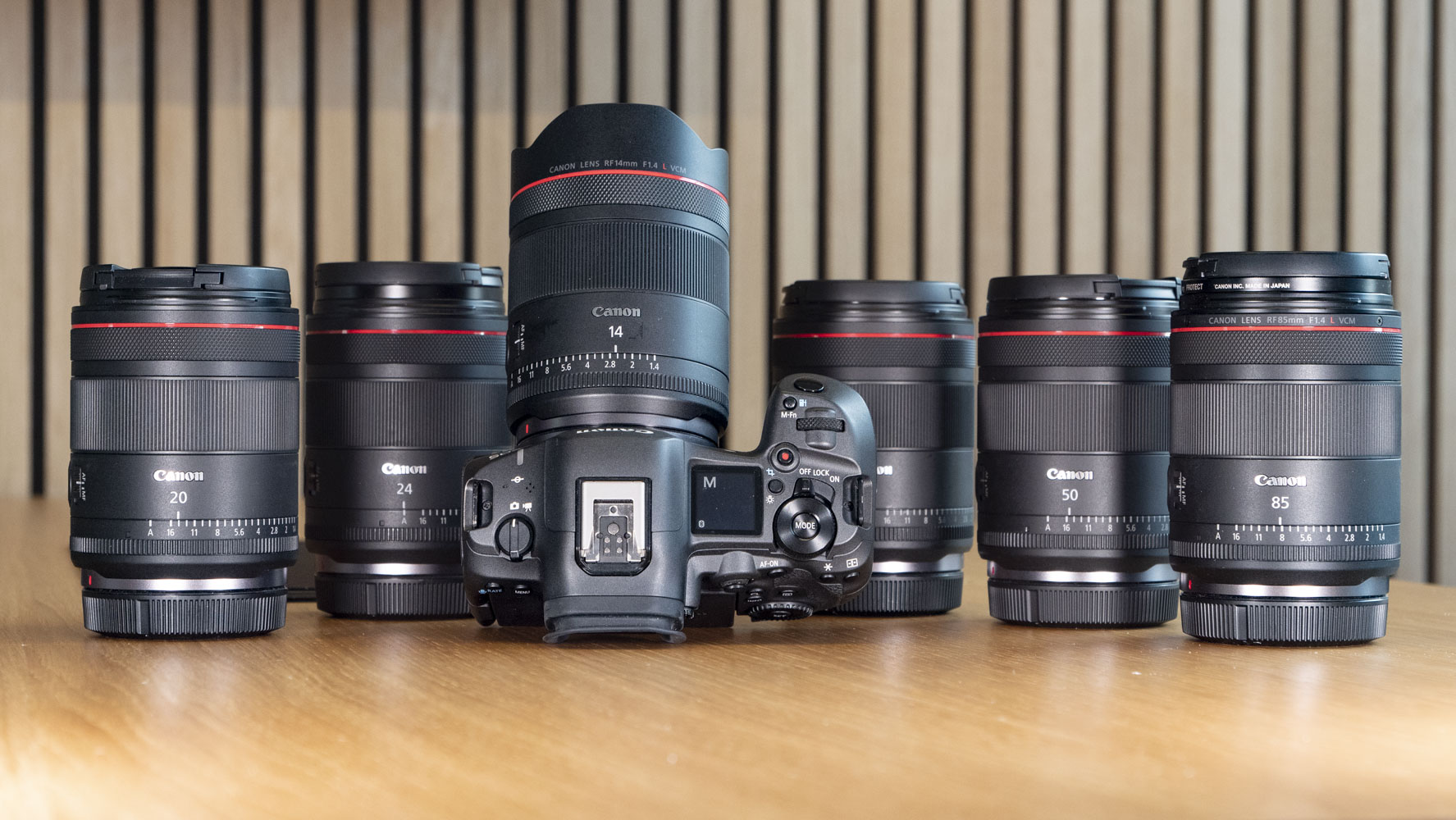 Canon RF 14mm F1.4L VCM lens mounted on the Canon EOS R5 Mark II, in addition to the five other VCM prime lenses in the series