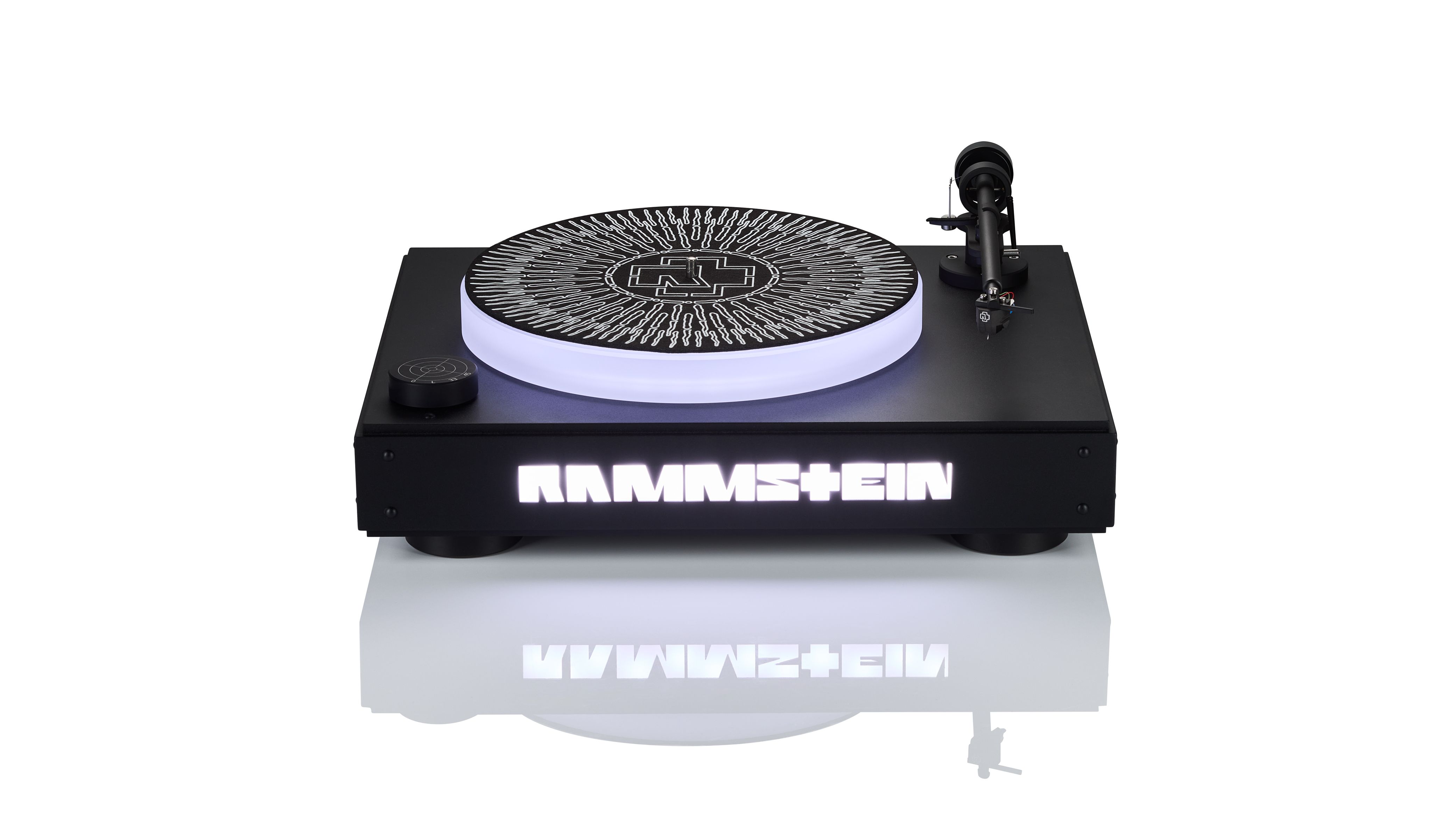 Clearaudio's Rammstein record player with white lighting, on a white background