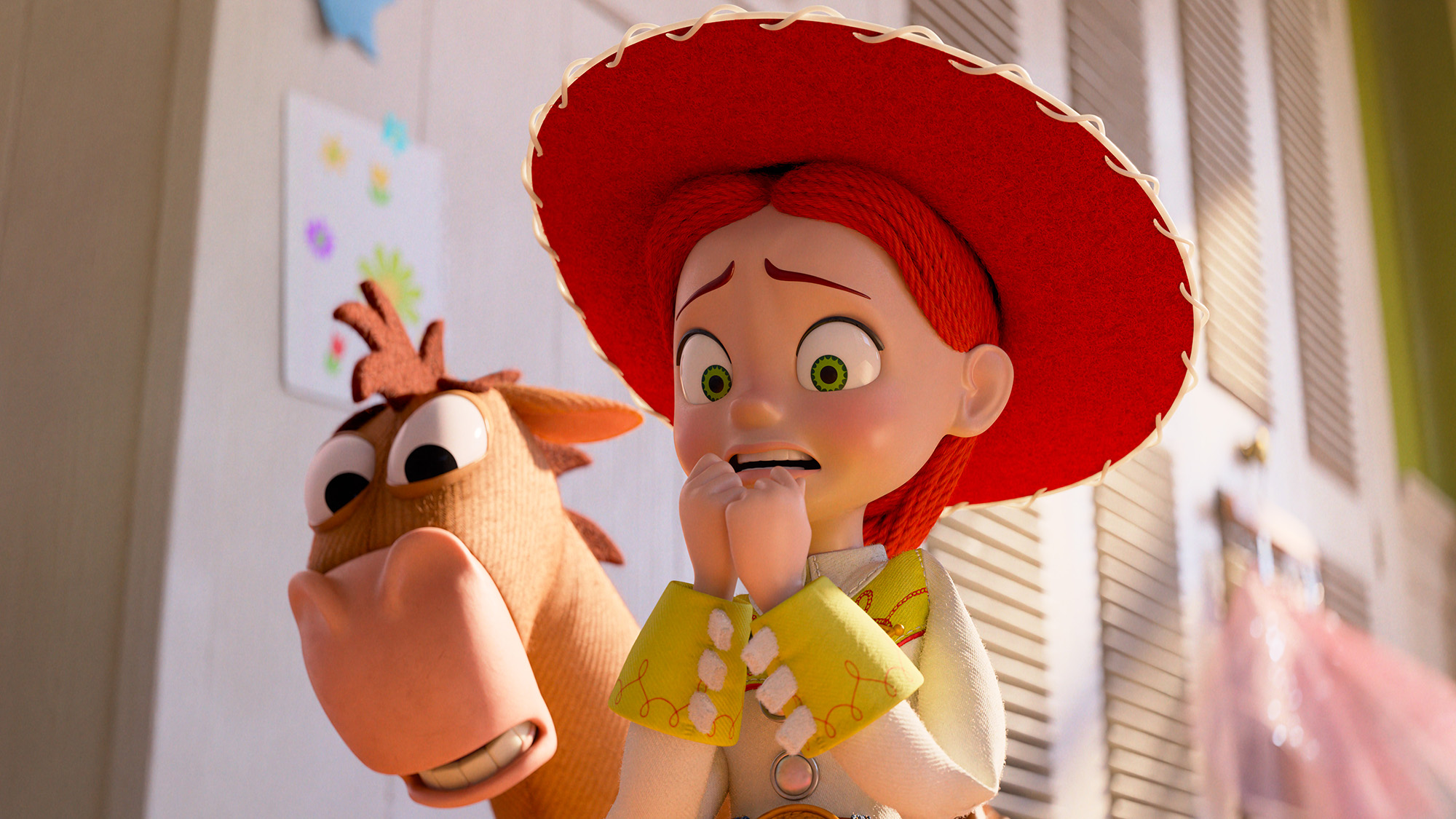Bullseye and Jessie look concerned while looking at something off-camera in Toy Story 5