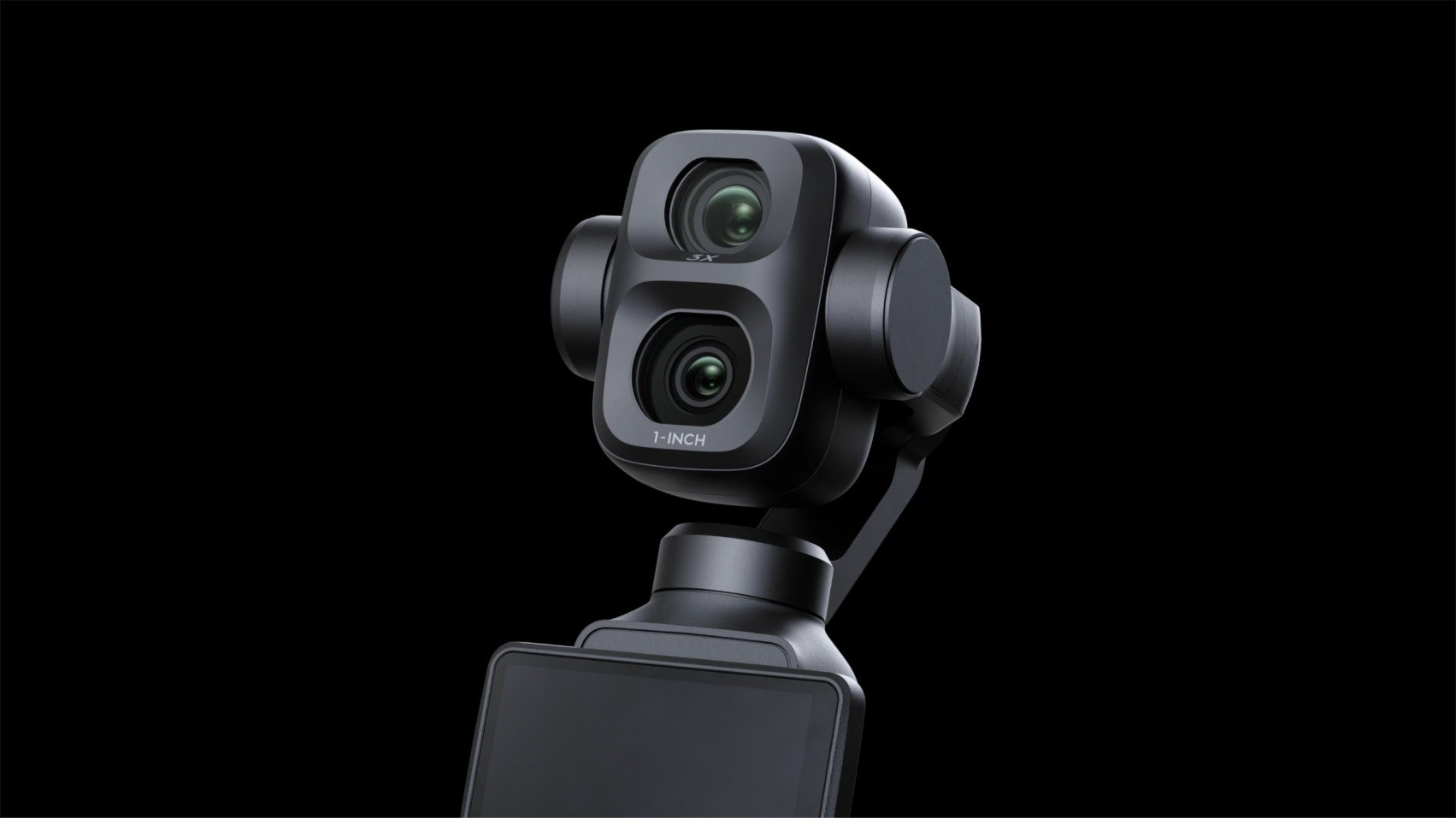 Close-up of the DJI Osmo Pocket 4P vlogging camera's dual lenses, black background