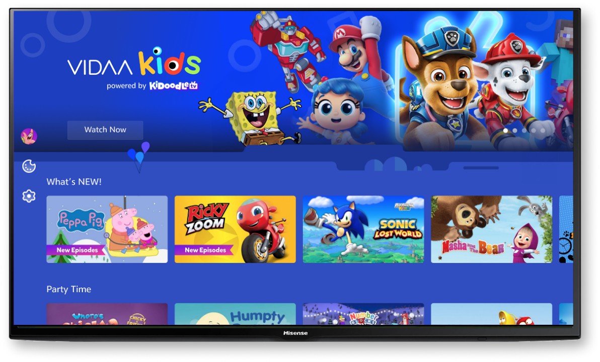 A screenshot of the VIDAA Kids app showing familiar characters such as PAW Patrol and SpongeBob SquarePants