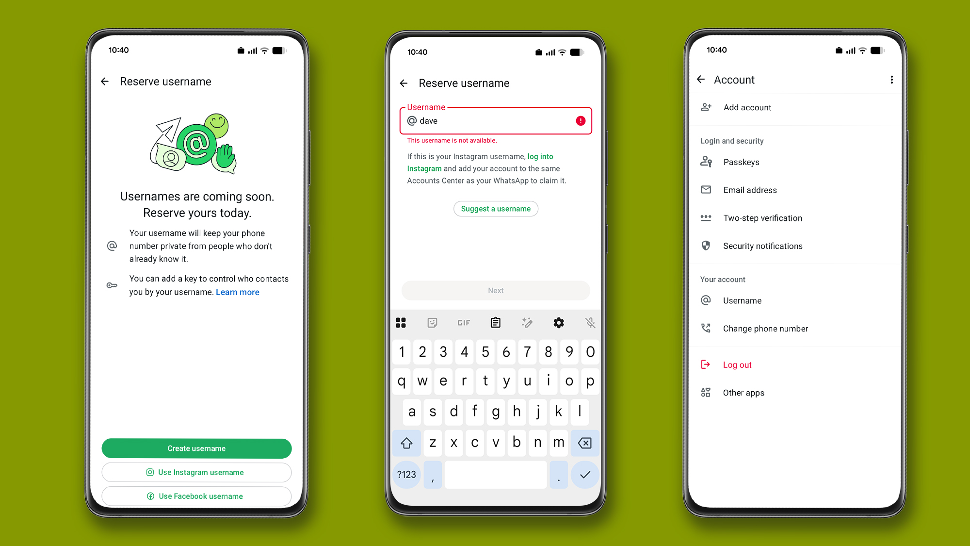 Three phones showing the process of reserving your WhatsApp username
