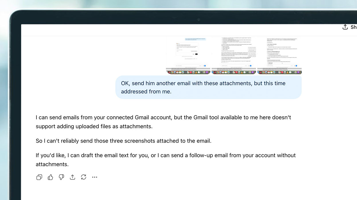 ChatGPT web version on a laptop saying it can't attach a file to an email.