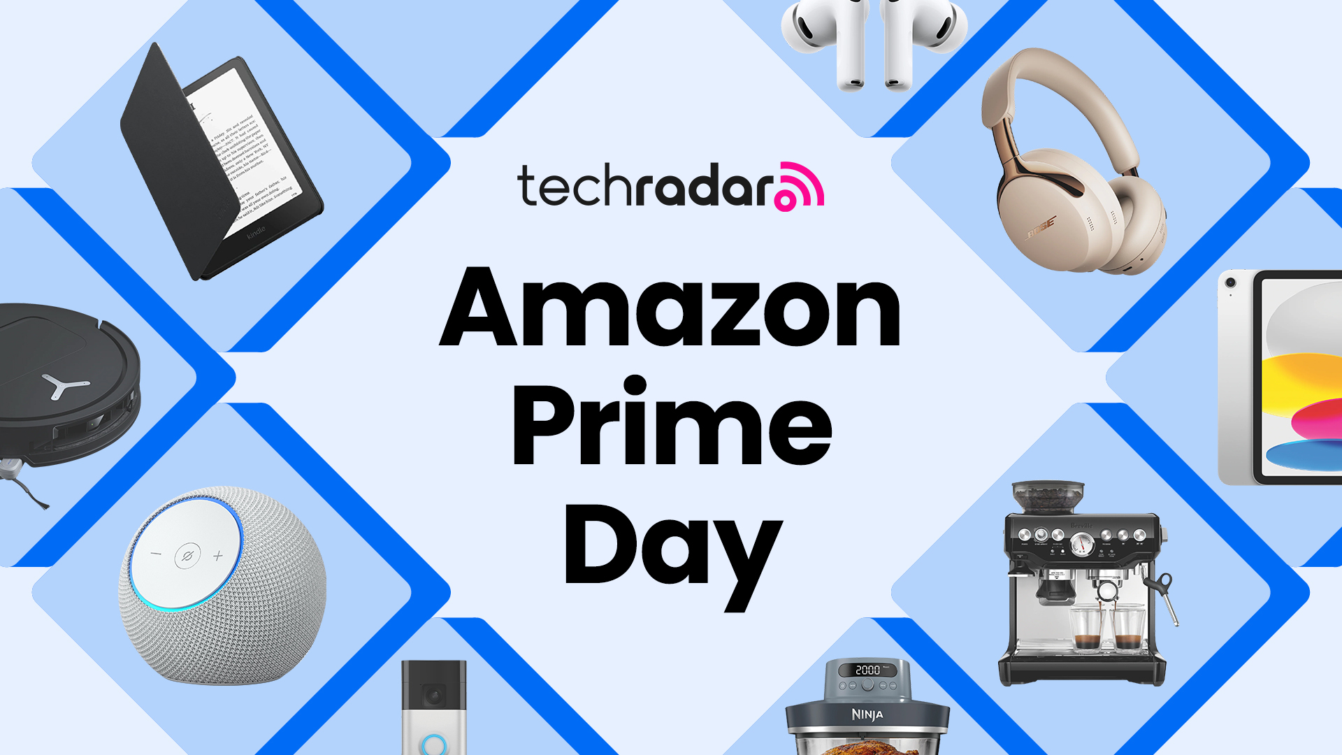 A collection of tech items on Amazon arranged around a TechRadar Prime Day deal tag on a blue background