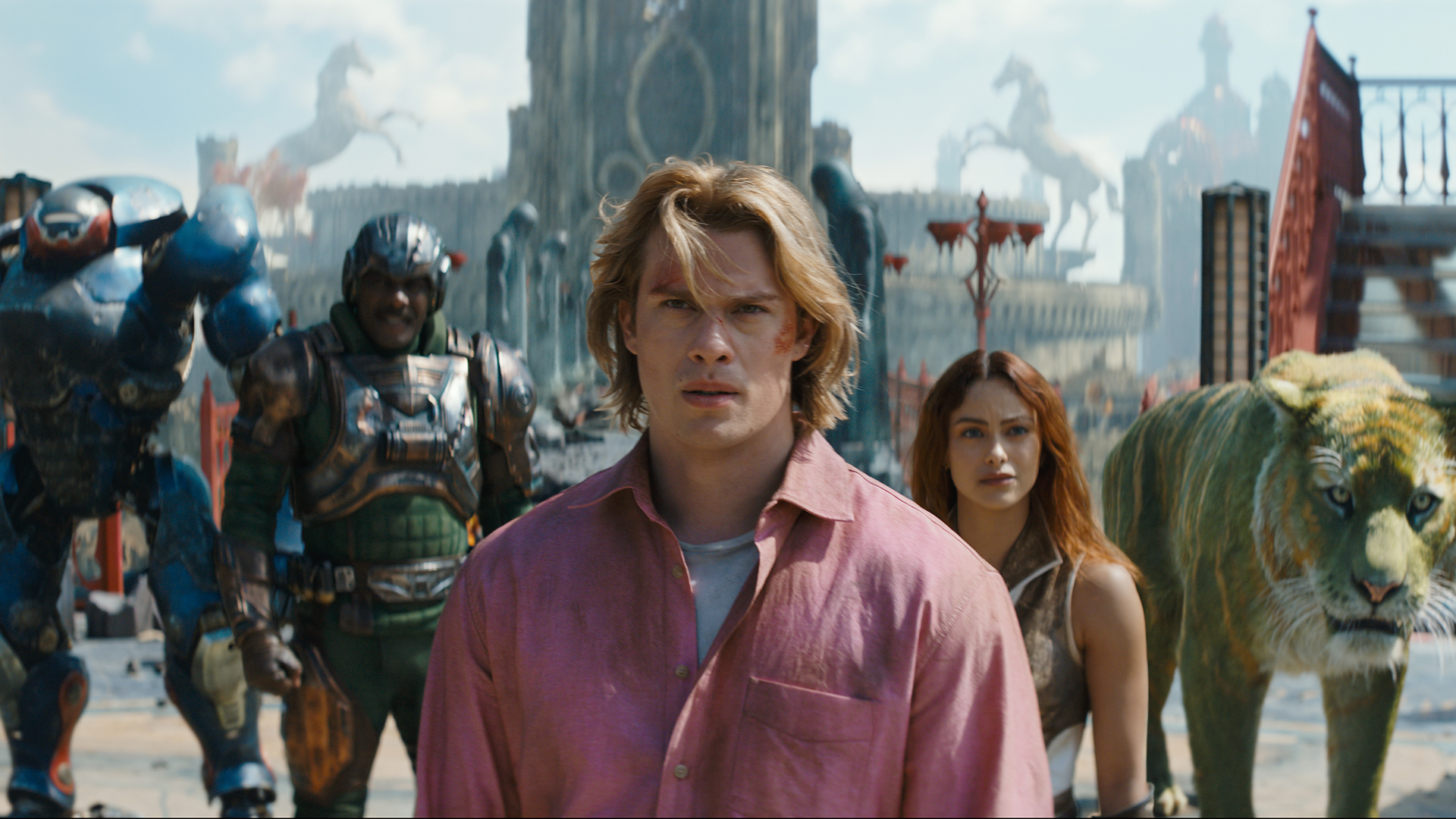A close-up of Adam/He-Man flanked by Roboto, Man at Arms, Teela and Cringer in Amazon's 2026 adaptation of Masters of the Universe