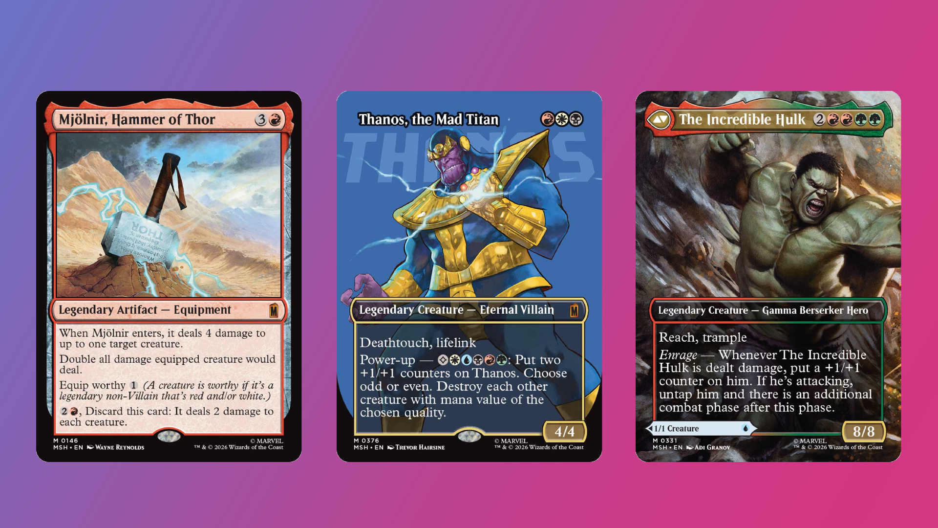 Magic The Gathering's Thanos, Hulk, and Mjolnir cards showing their effects like Worthy and Enrage.